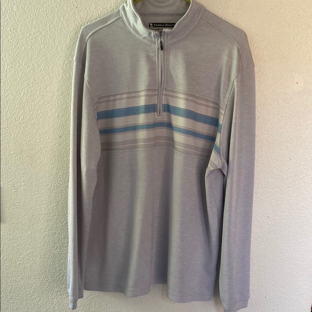 Pebble Beach Men's Light Gray Zip-Up Sweater with Blue Accents